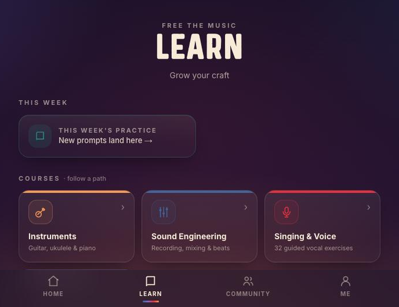 The Free The Music app — guided courses