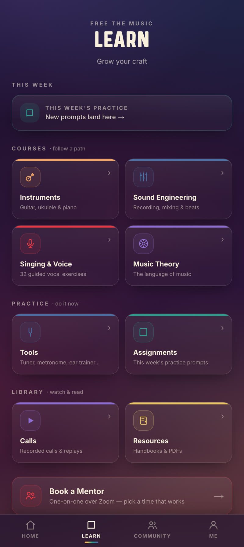 The Free The Music app — the Learn screen